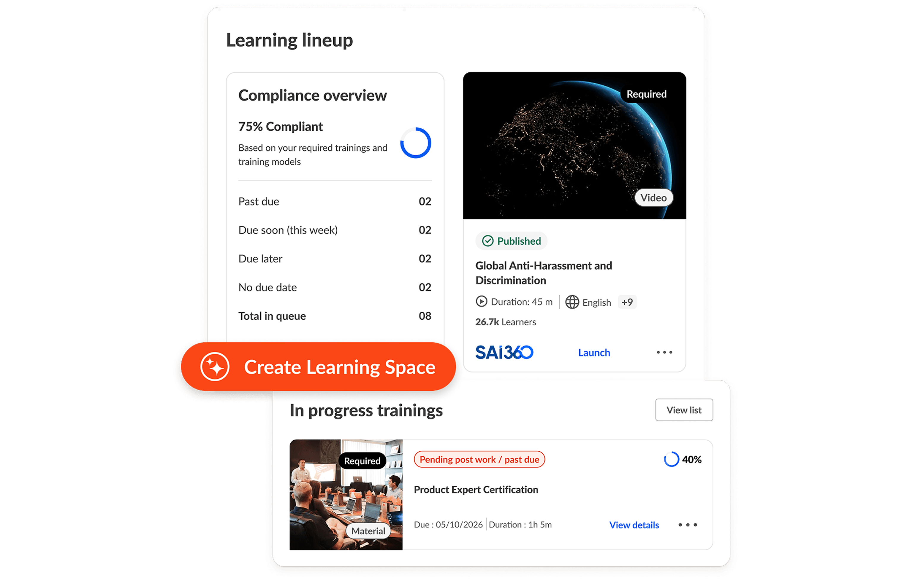 Una interfaz de plataforma de aprendizaje que muestra una visión general del cumplimiento normativo, varios módulos de capacitación y un botón destacado que indica "Create Learning Space".
