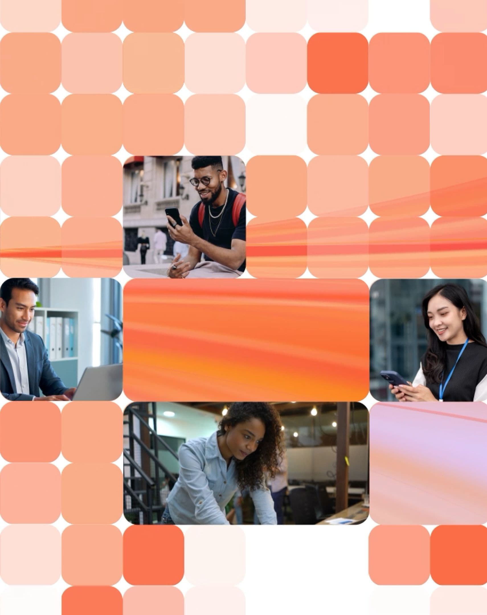 A mosaic of diverse people working and using phones, mixed with orange and white blocks.