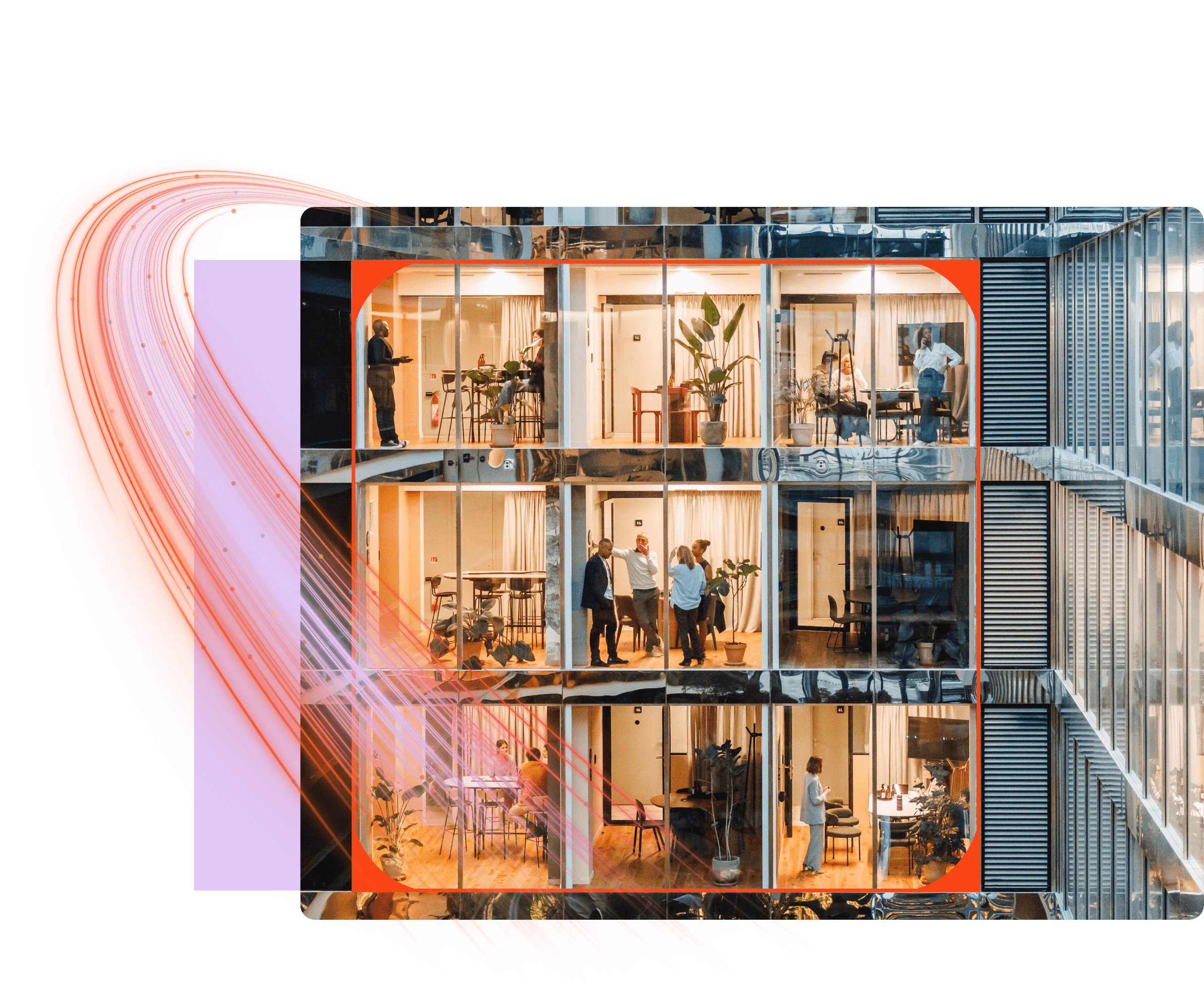 Edificio de oficinas de varios pisos con personal trabajando, superpuesto con elementos gráficos en espiral de color naranja y púrpura.